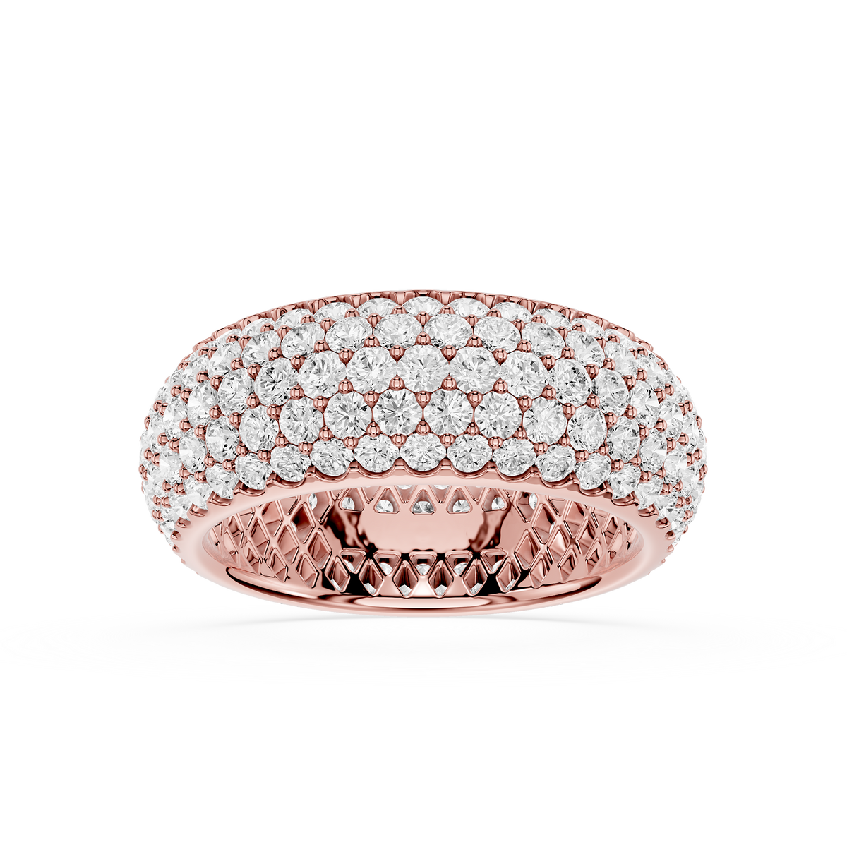 Luxury pave-set ring with cascading round lab grown diamonds across a rounded rose gold band, finished with intricate gallery detailing and full-surface sparkle.