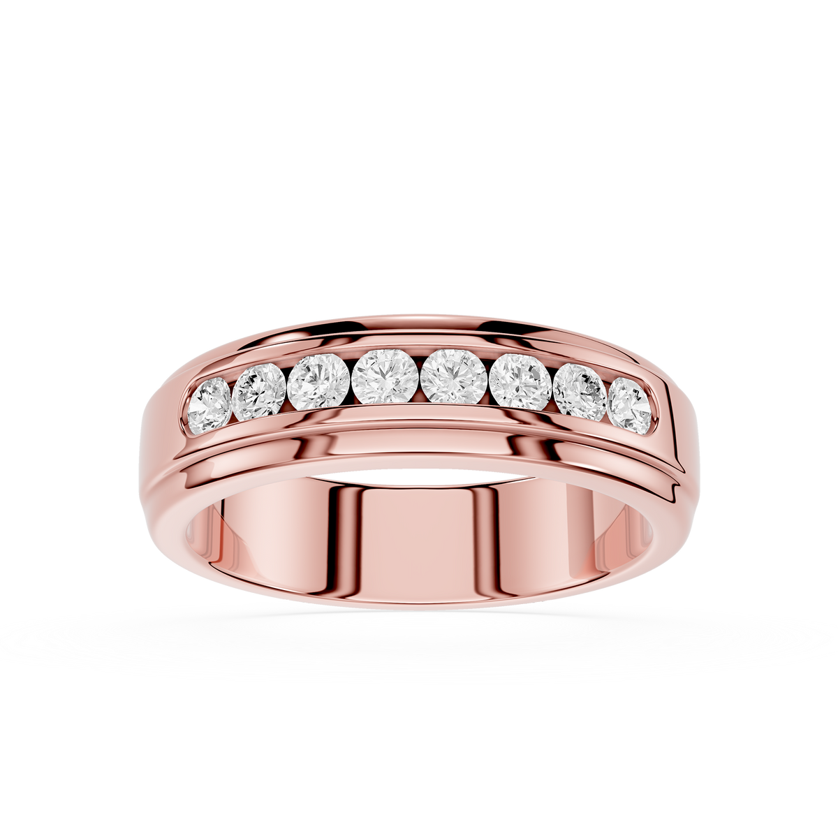 Front View Of Rose Gold Wide Round Cut Lab Grown Diamond Channel Set Wedding Band