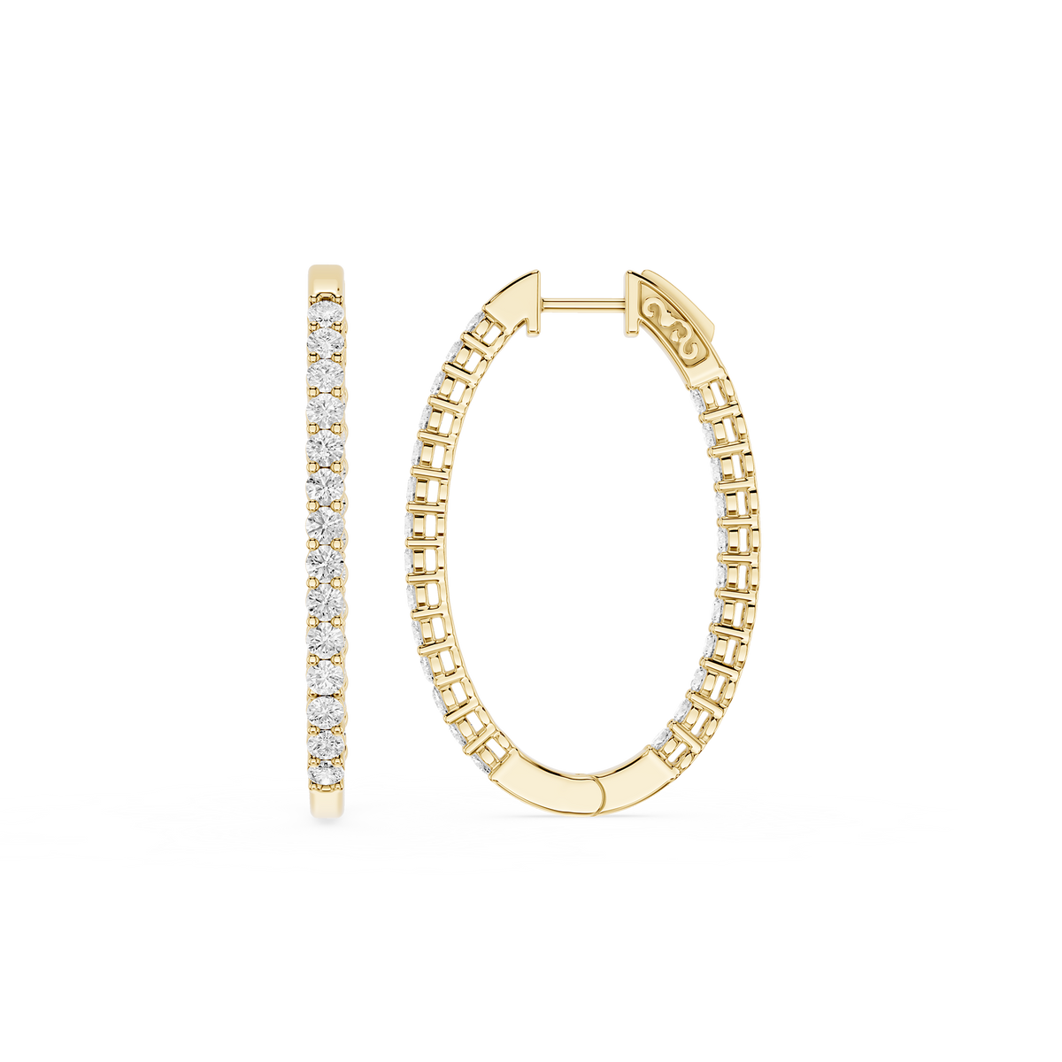 Gold hoop earrings with embedded stones on a white background