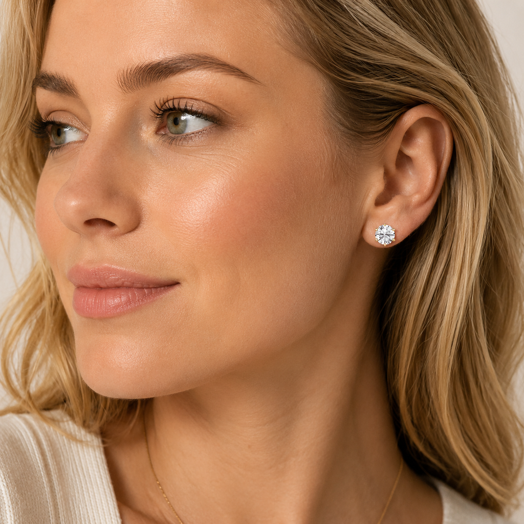 Round Cut Lab Grown Diamond Six Prong Stud Earrings