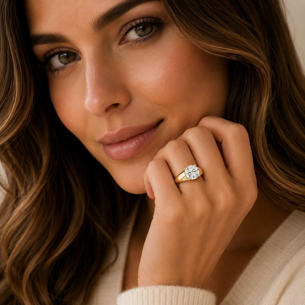 Woman wearing a Round Cut Four Prong Lab Diamond Wide Band Engagement Ring