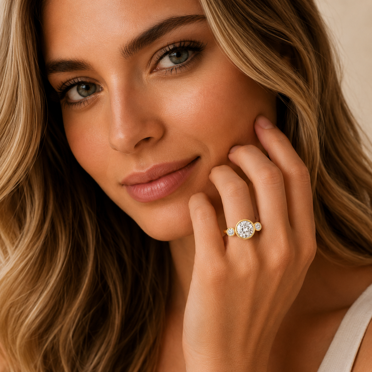Woman wearing a diamond ring with a beige background