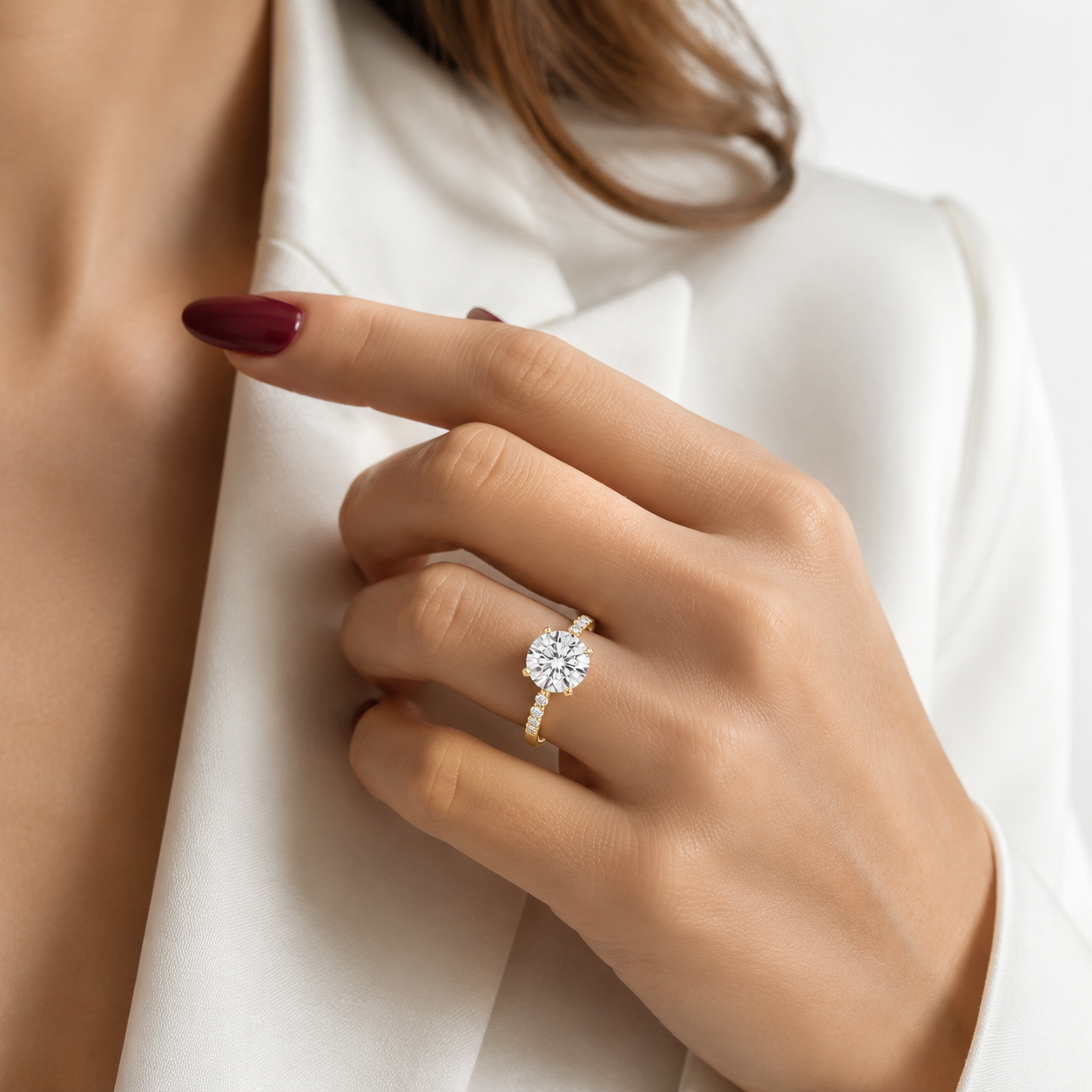 a model is showcasing Round Cut Lab Grown Diamond Cathedral Ring