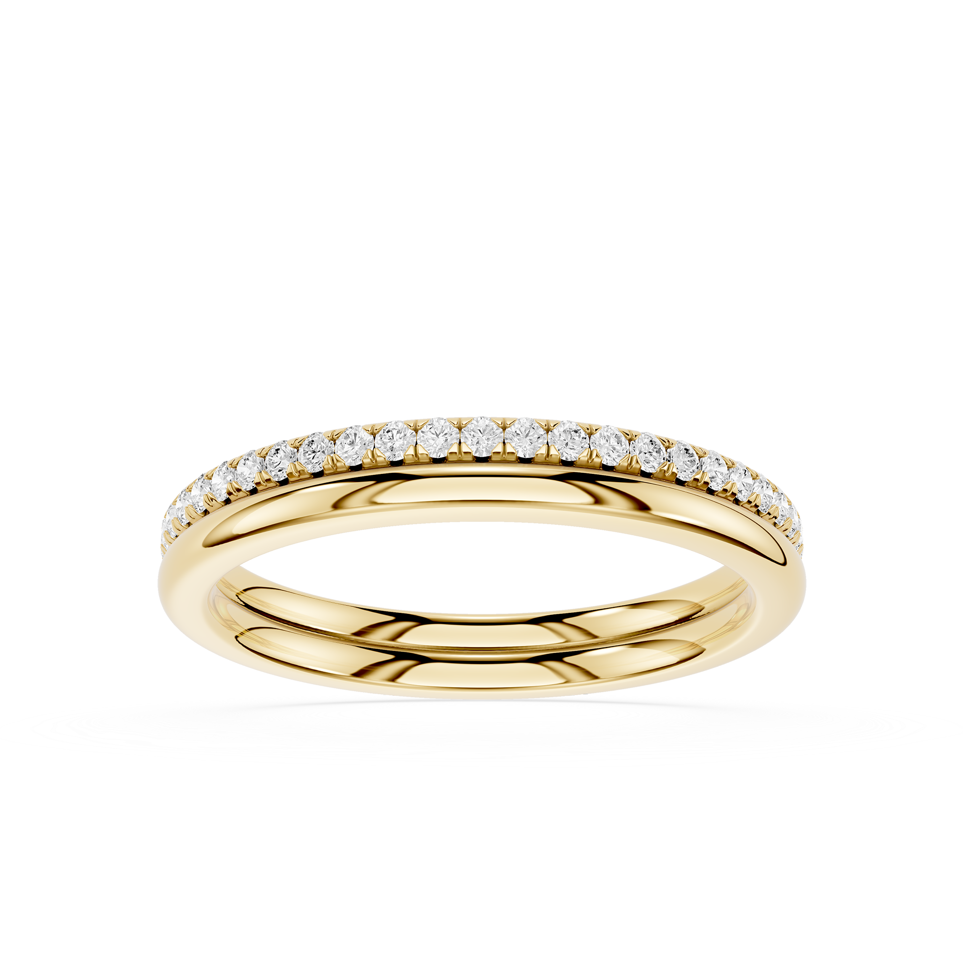 A yellow gold eternity ring featuring a single row of round-cut clear gemstones set along the top half of the band, shown against a plain white background.