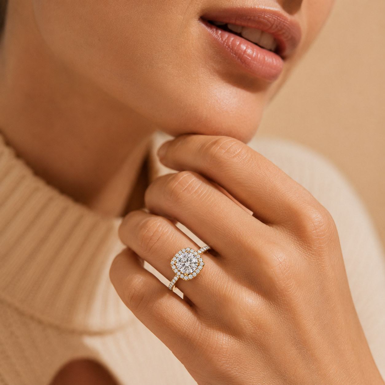Close-up of a hand wearing a diamond ring with a blurred background