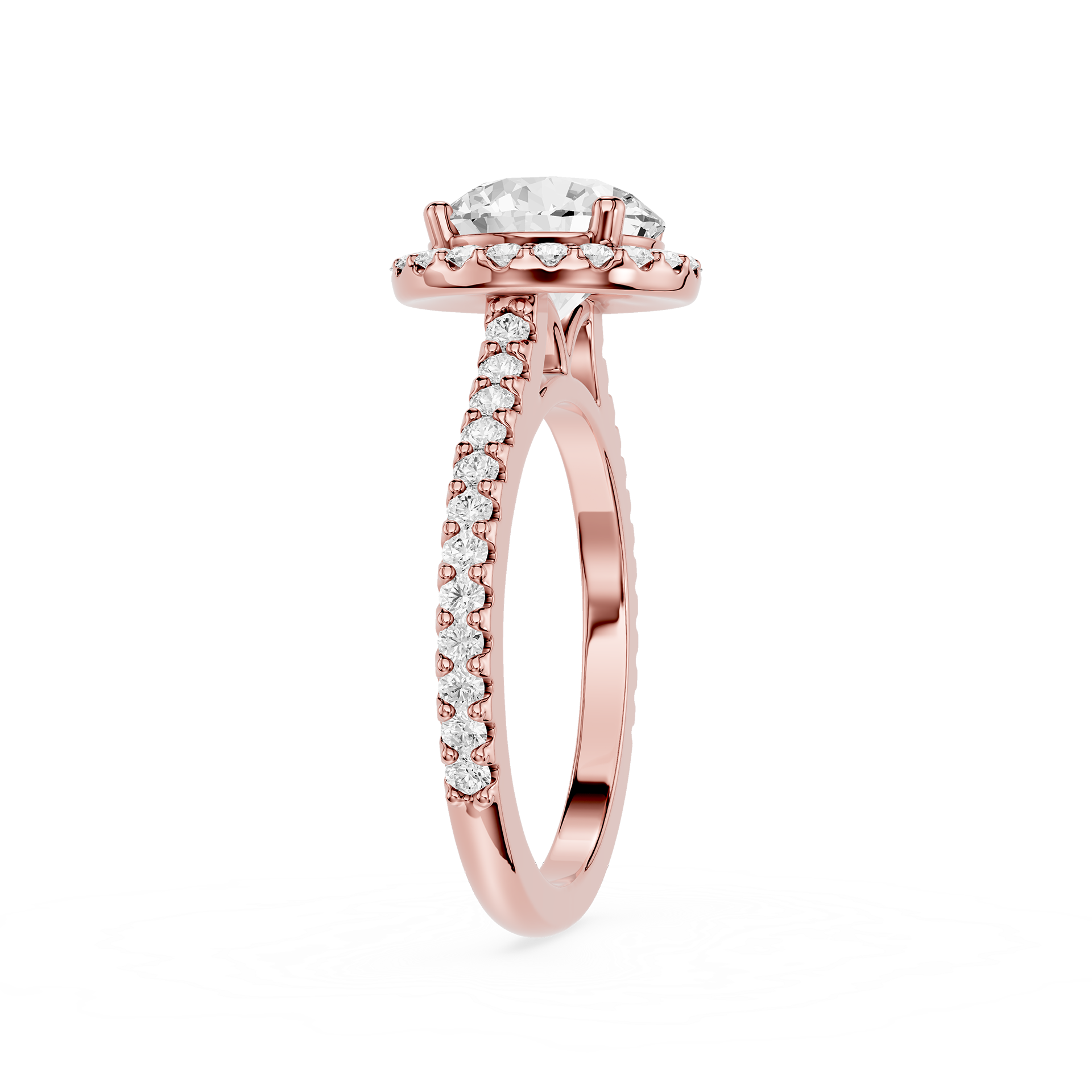 Rose gold ring with a diamond on a white background