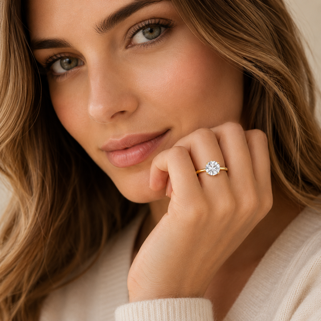 Woman wearing a gold ring with a diamond, posing thoughtfully.