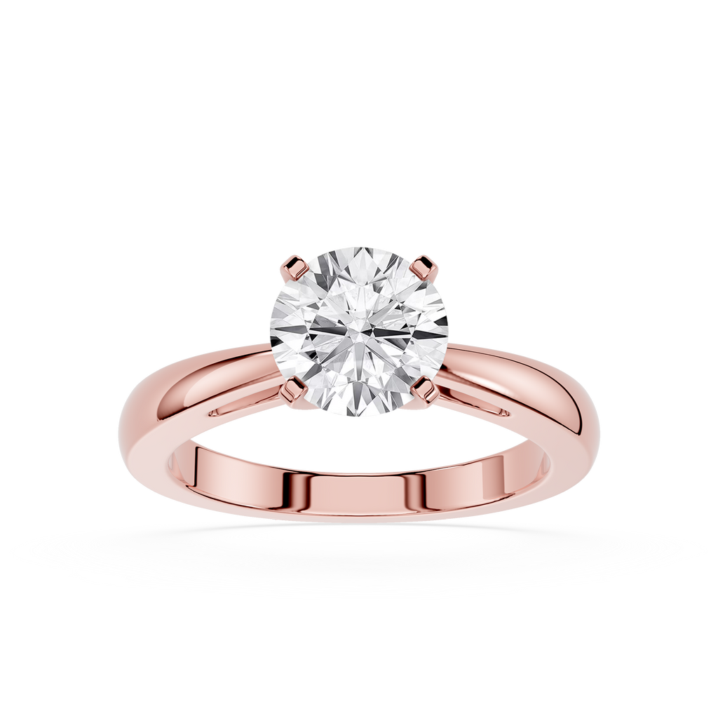 Rose gold ring with a large diamond on a white background