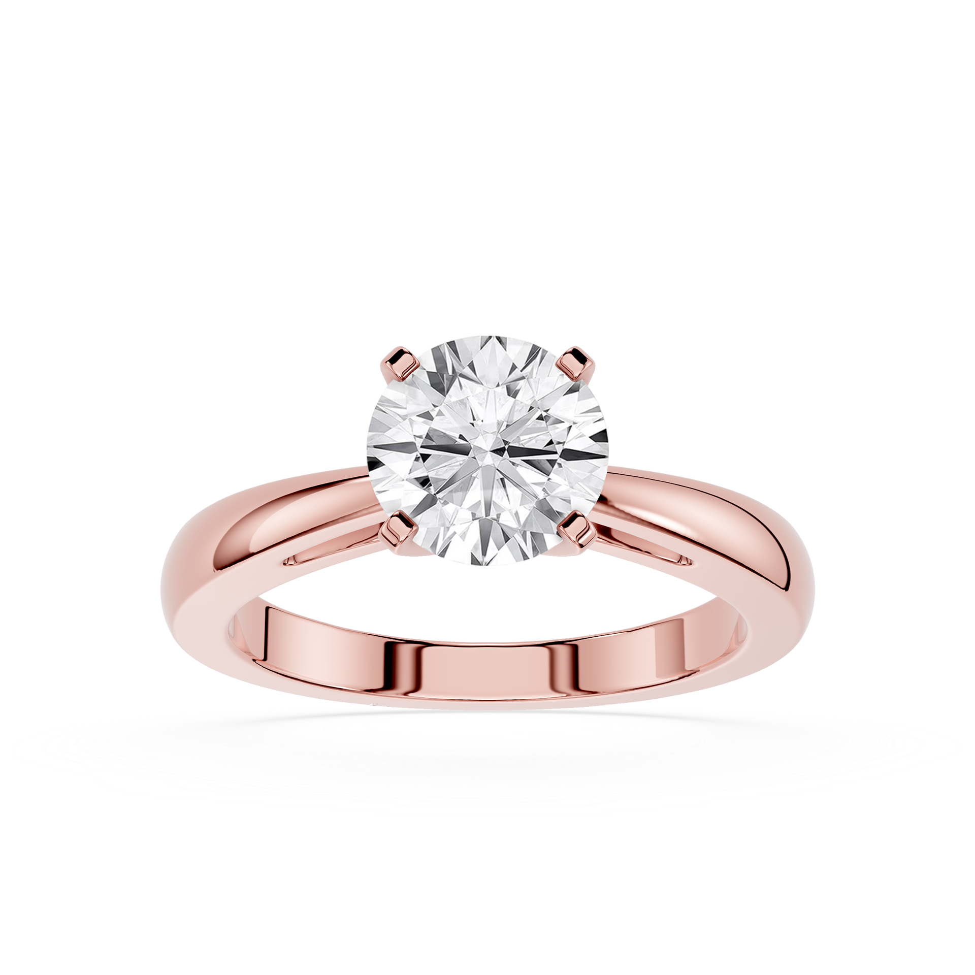Rose gold ring with a large diamond on a white background
