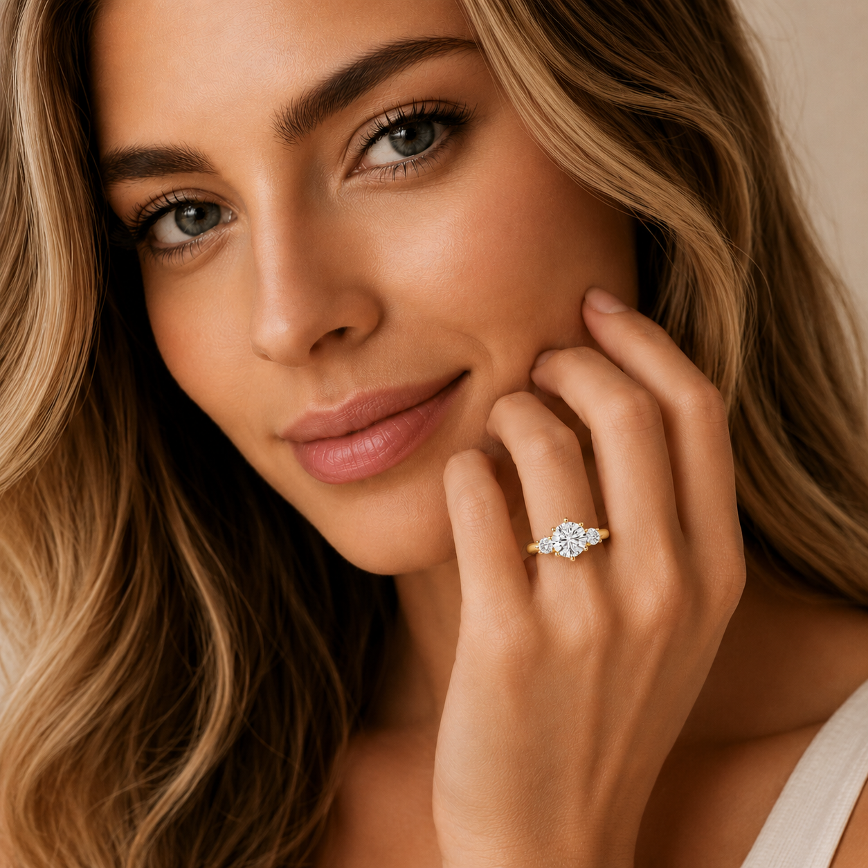 Woman wearing a diamond ring with a neutral background