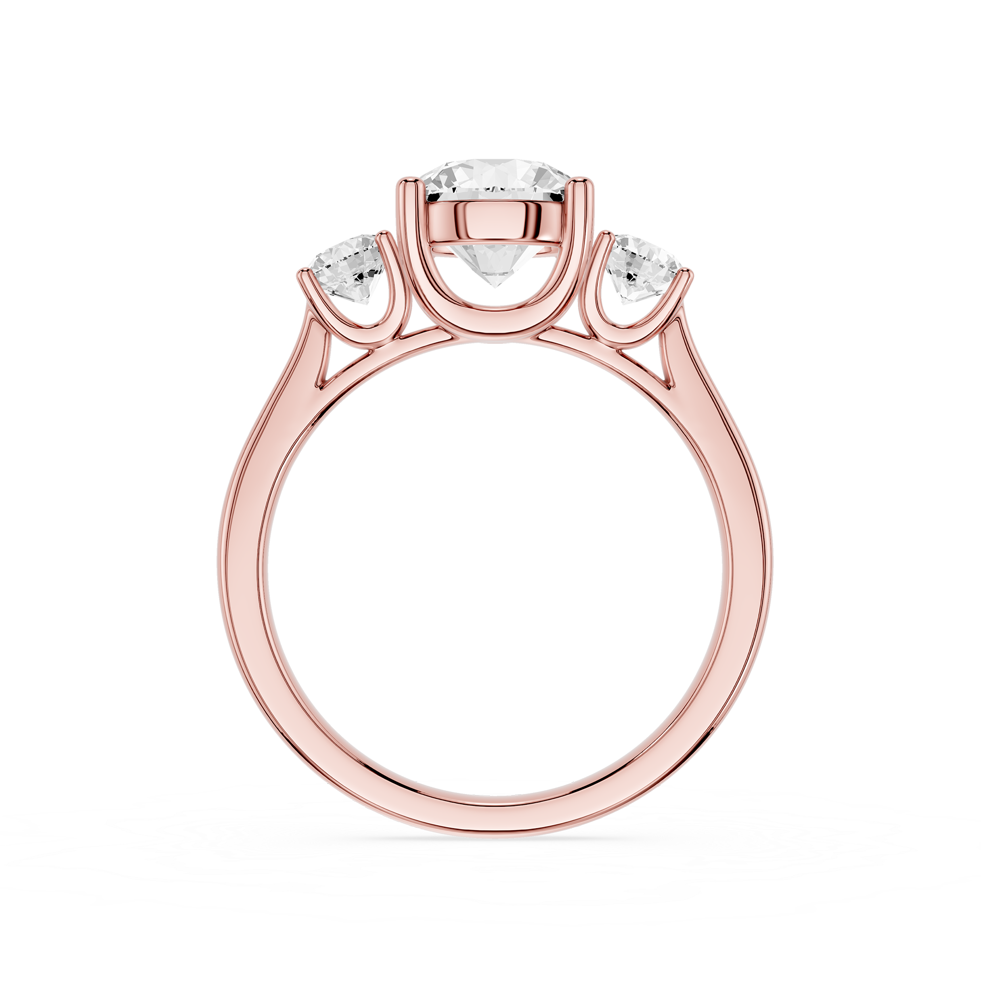 Rose gold ring with three diamonds on a white background