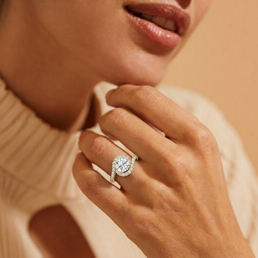 Close-up of a hand wearing a diamond ring with a soft background