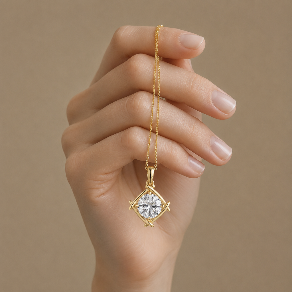 Round Cut Lab Grown Diamond Twist Frame Pendant