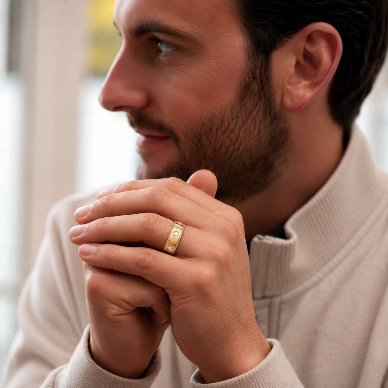 A close-up lifestyle shot of a man wearing a slim gold band ring with a small clear gemstone on his ring finger, dressed in a light beige ribbed sweater.