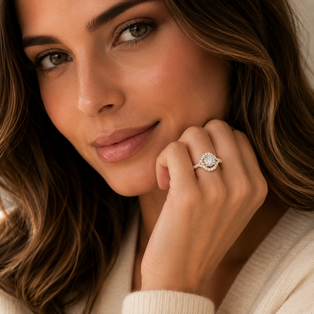 Woman wearing a diamond ring with a soft focus background