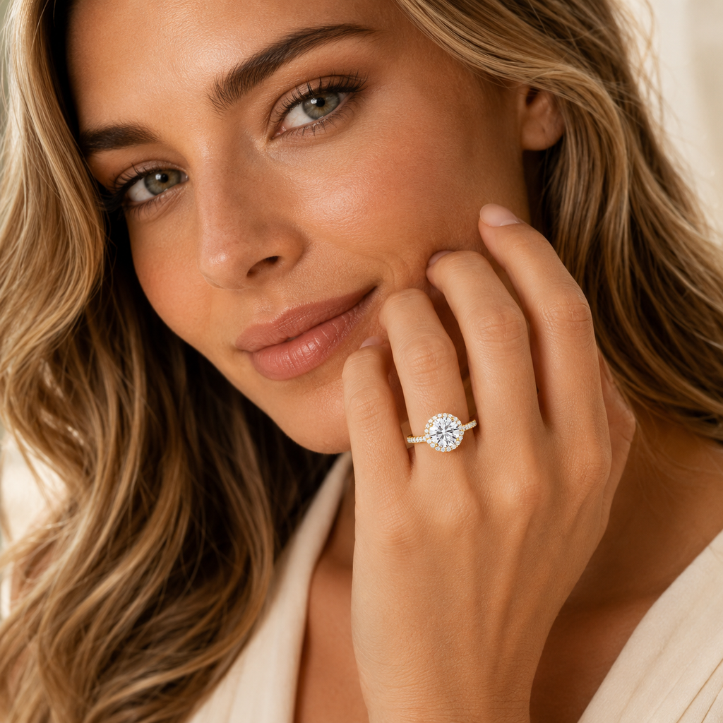 Woman wearing a diamond ring with a soft focus background
