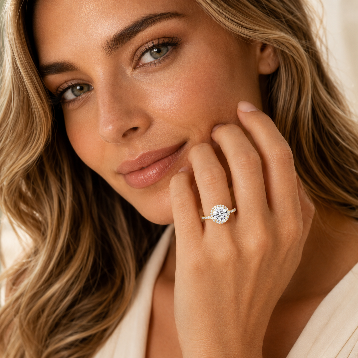 Woman wearing a diamond ring with a soft focus background