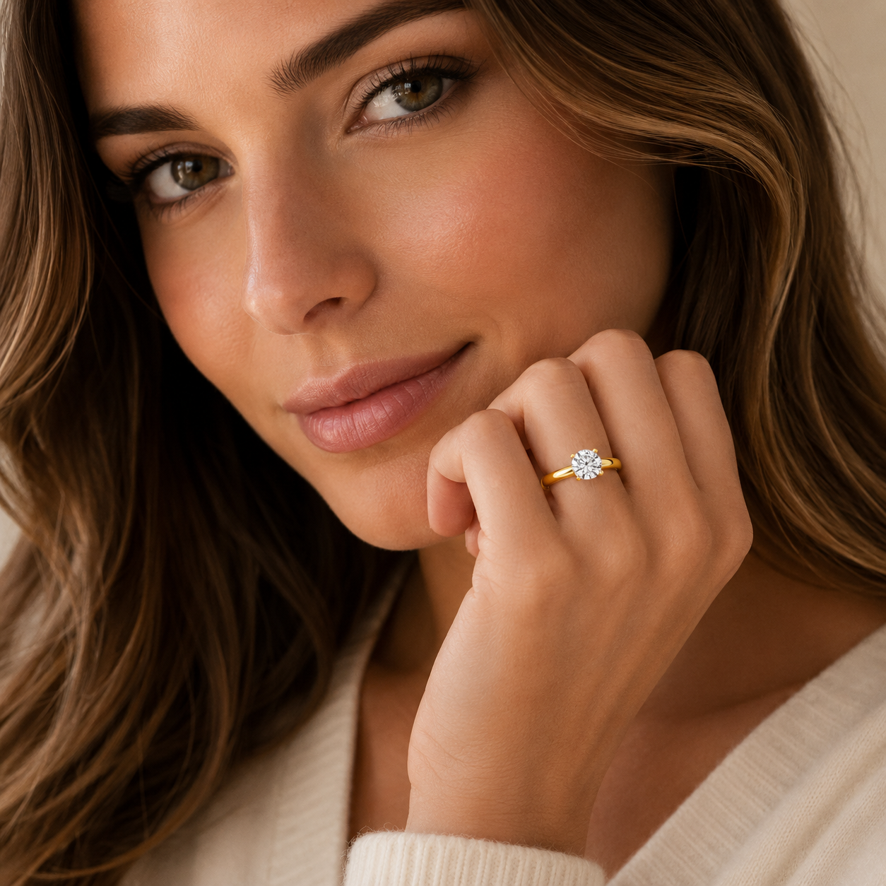 Woman wearing a gold ring with a diamond, close-up of face and hand.