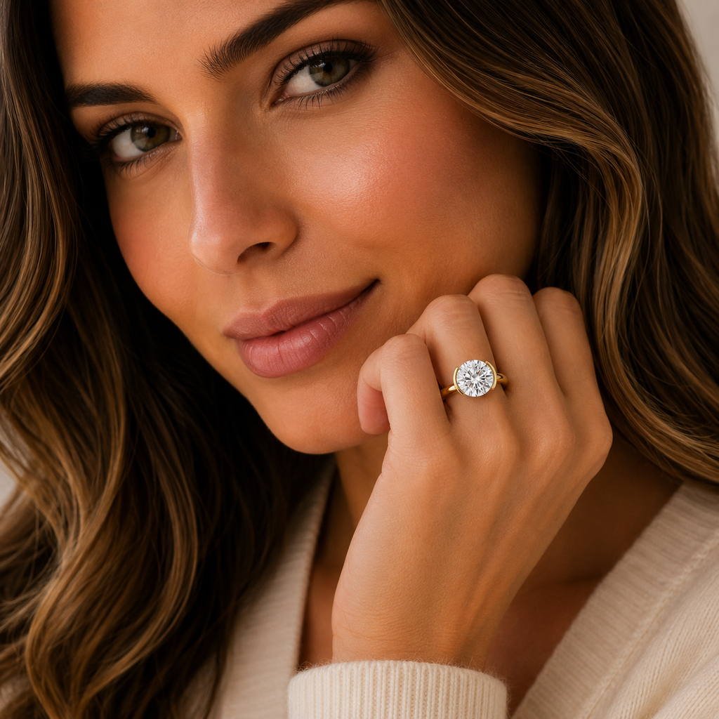 Woman wearing a gold ring with a diamond, posing thoughtfully.