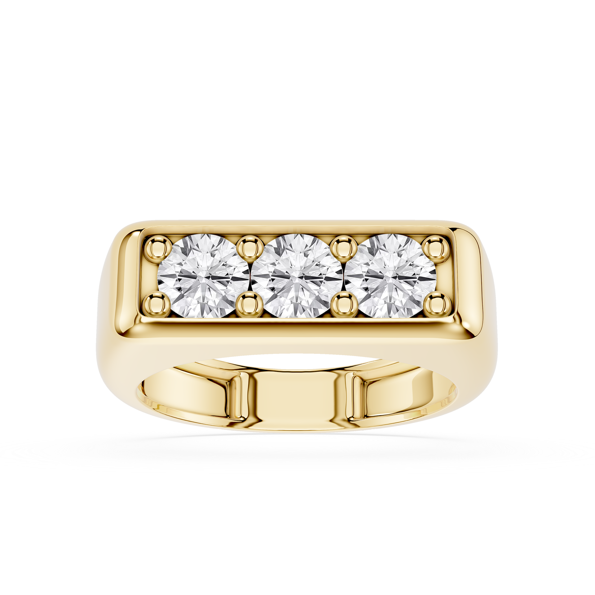 Gold ring with three diamonds on a white background