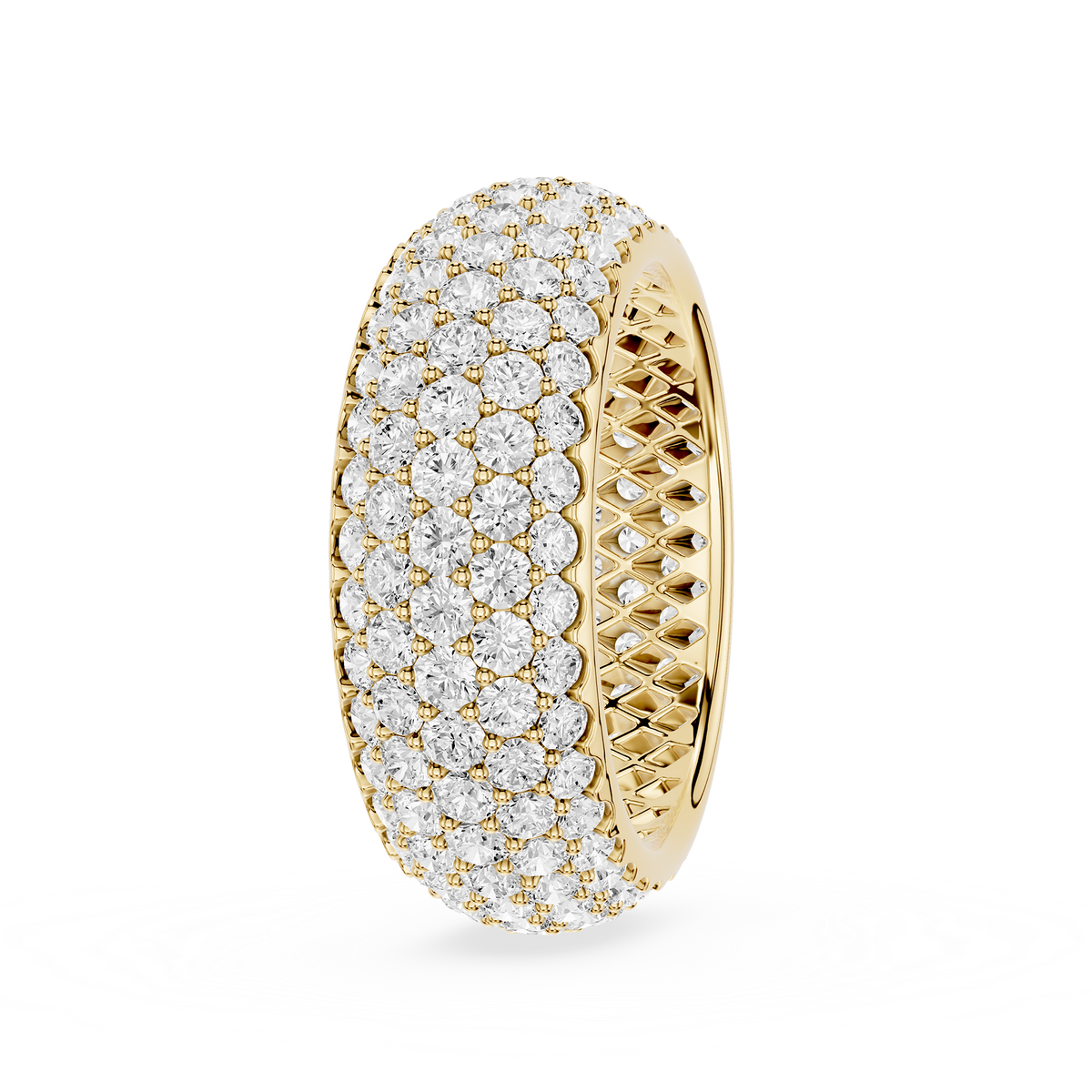 Side View Of Yellow Gold Wide Five Row Round Lab Diamond Statement Wedding Band