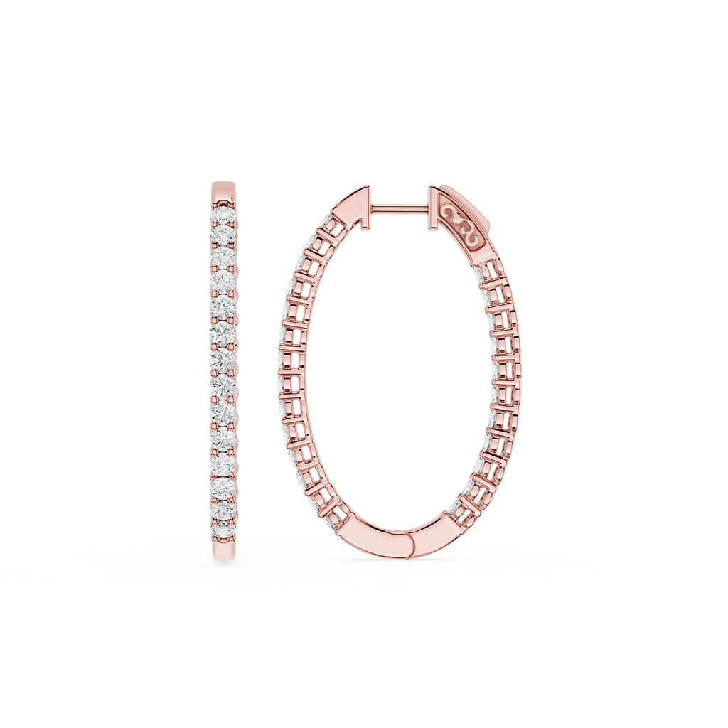 Rose gold hoop earrings with small diamonds on a white background