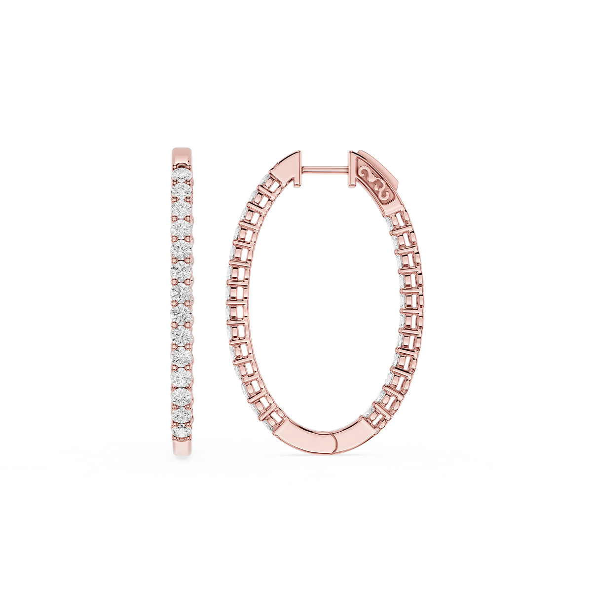 Rose gold hoop earrings with small diamonds on a white background