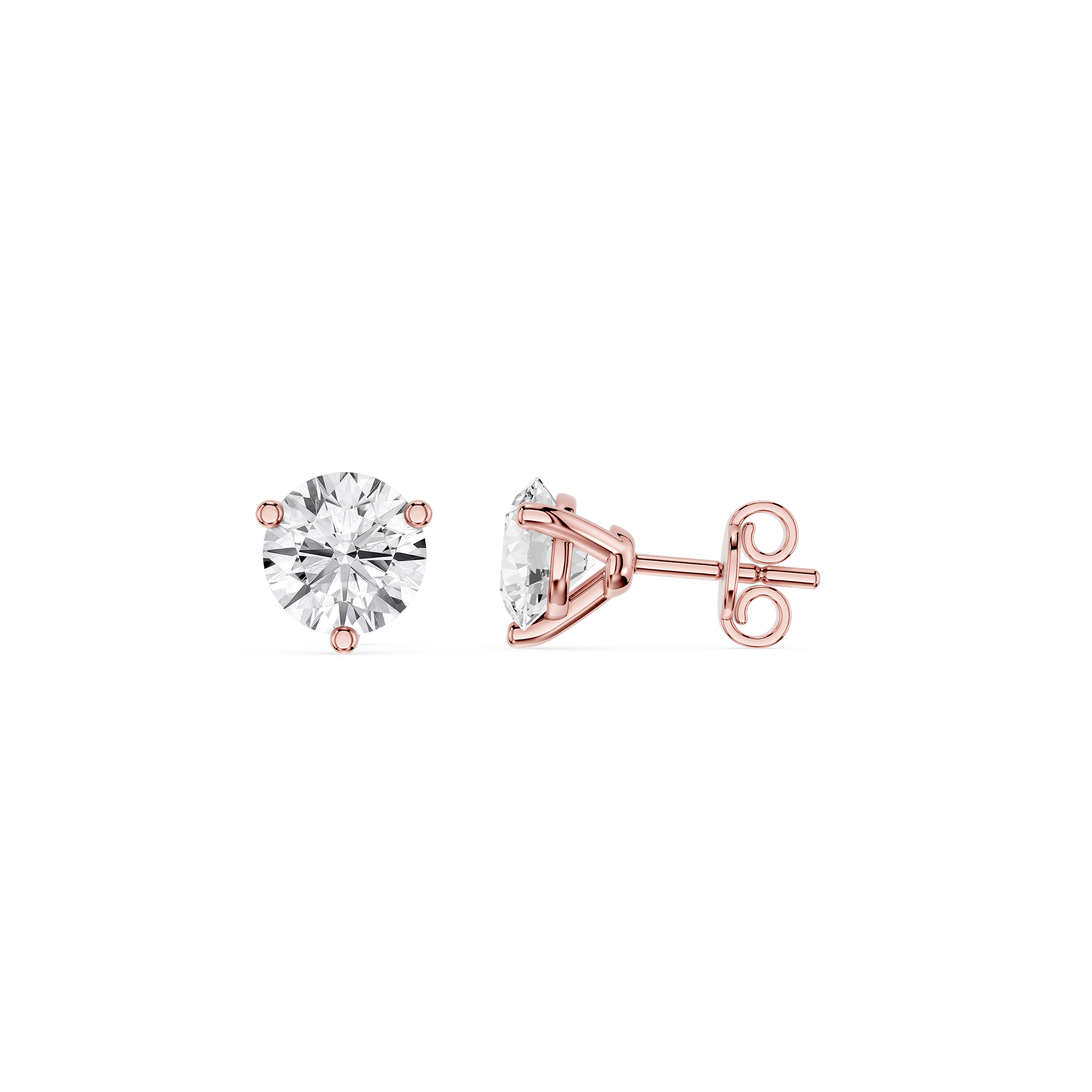 Rose gold stud earrings with clear gemstones on a white background