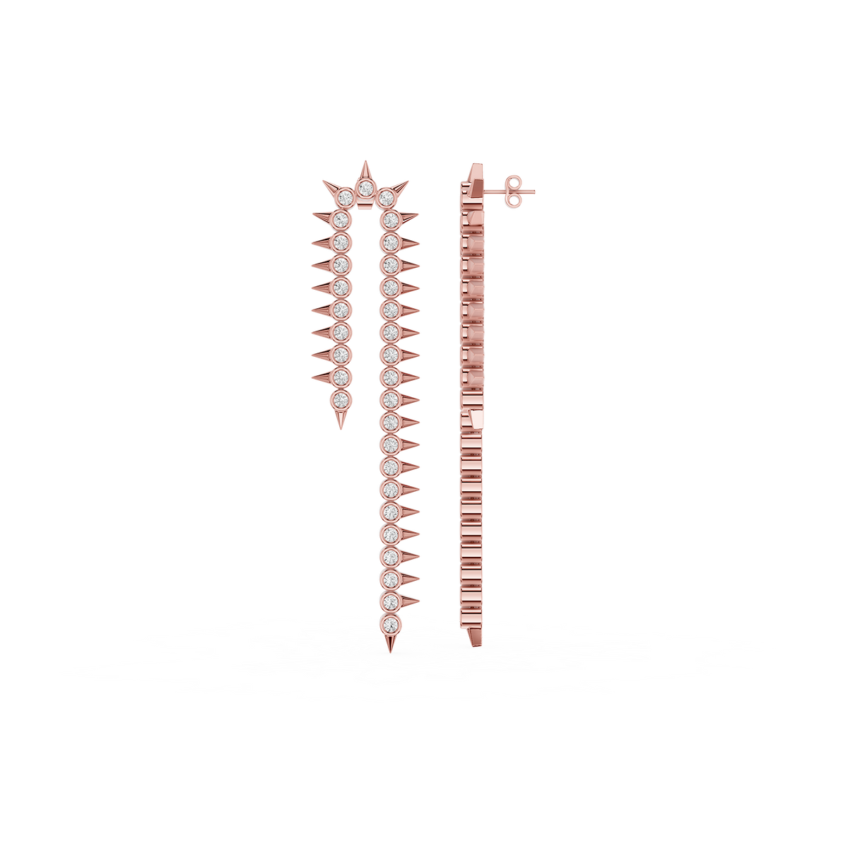 Rose gold spike earrings on a white background