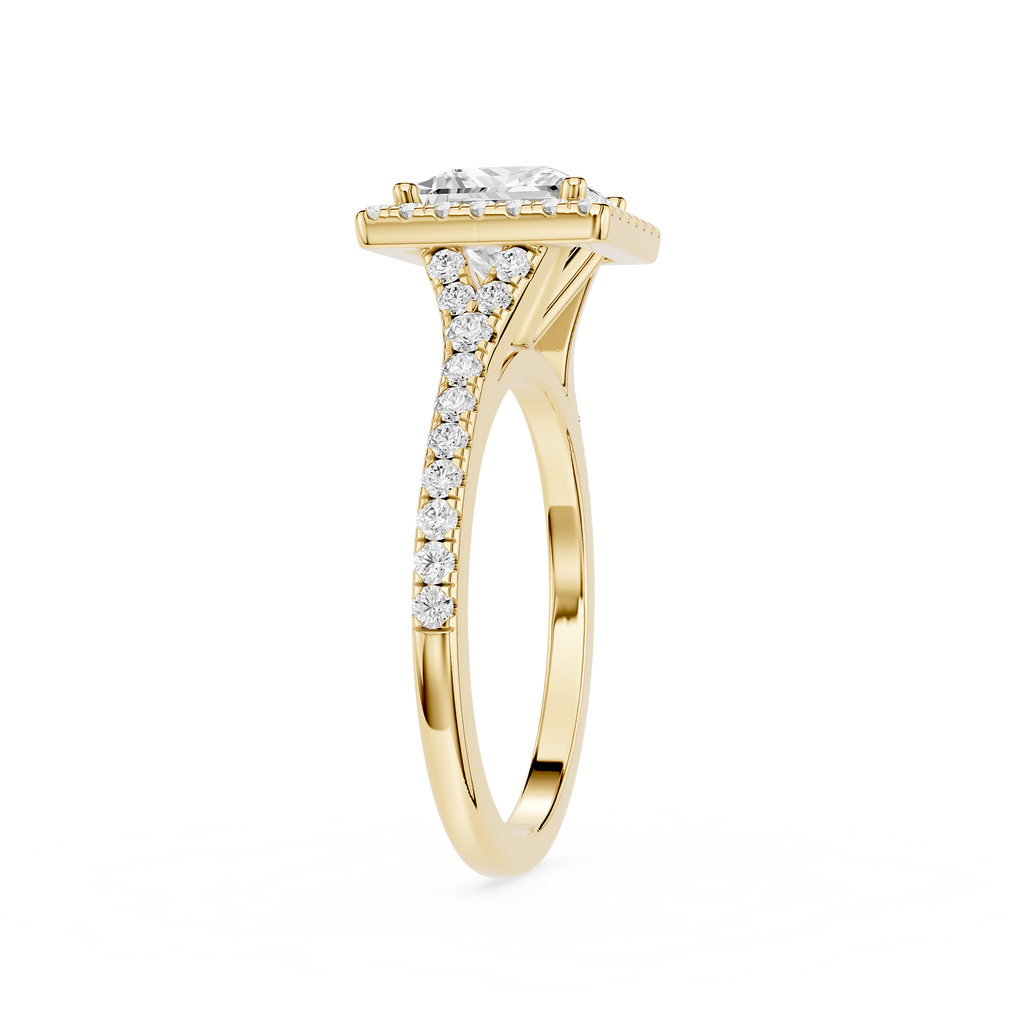 Gold ring with a diamond on a white background