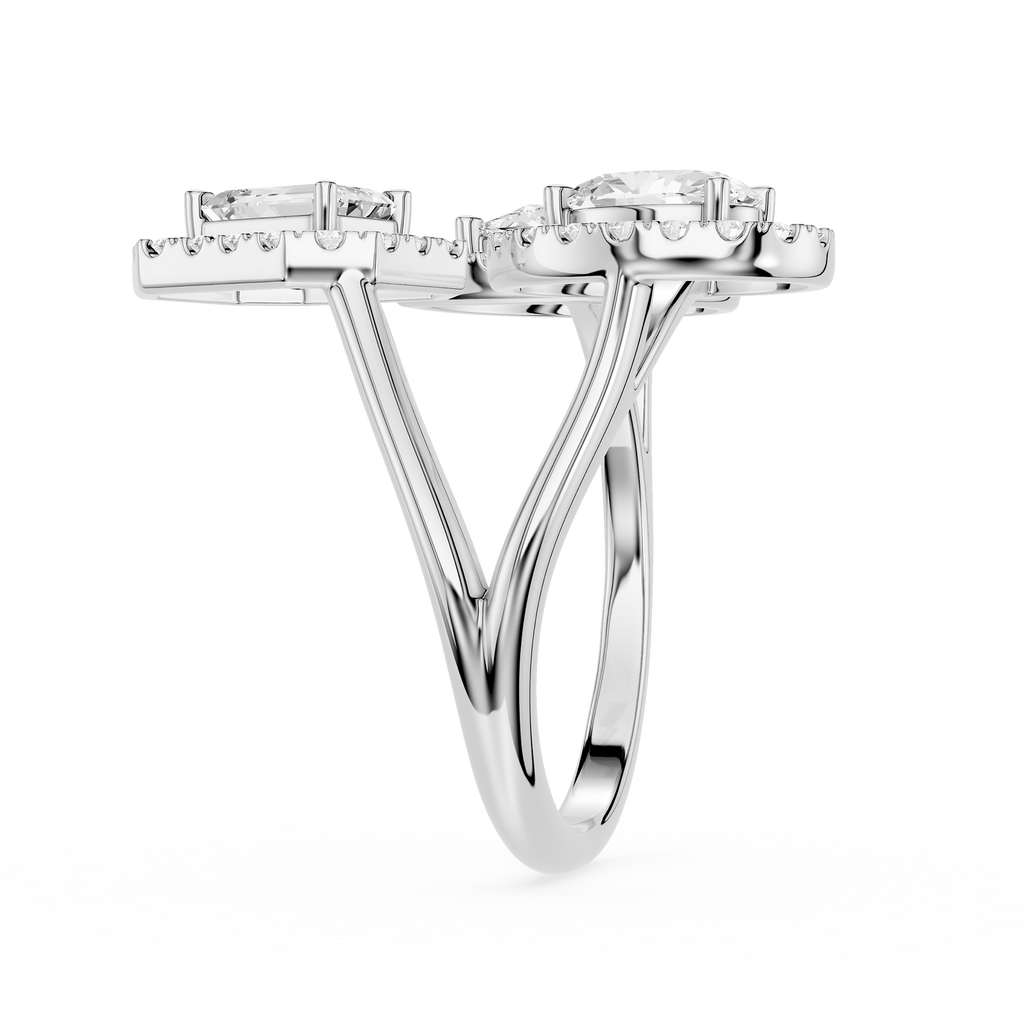 Side View Of White Gold 3 Stone Multi Shape Lab Diamond Halo Statement Engagement Ring