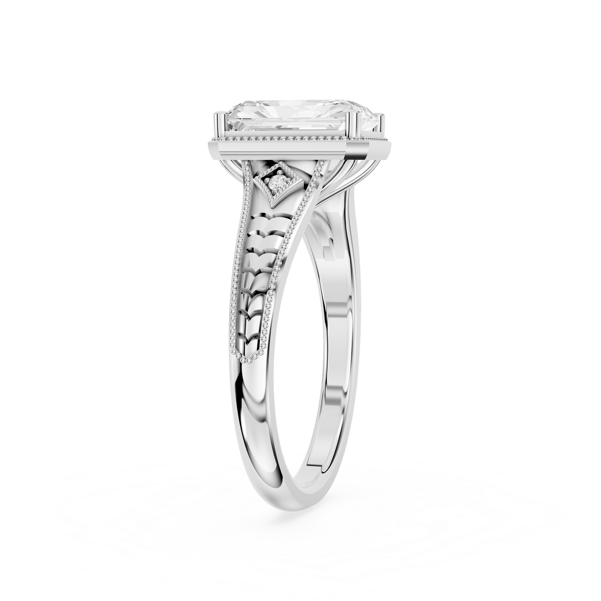 Art Deco inspired rectangular diamond ring in white gold with geometric band patterns and fine milgrain accents