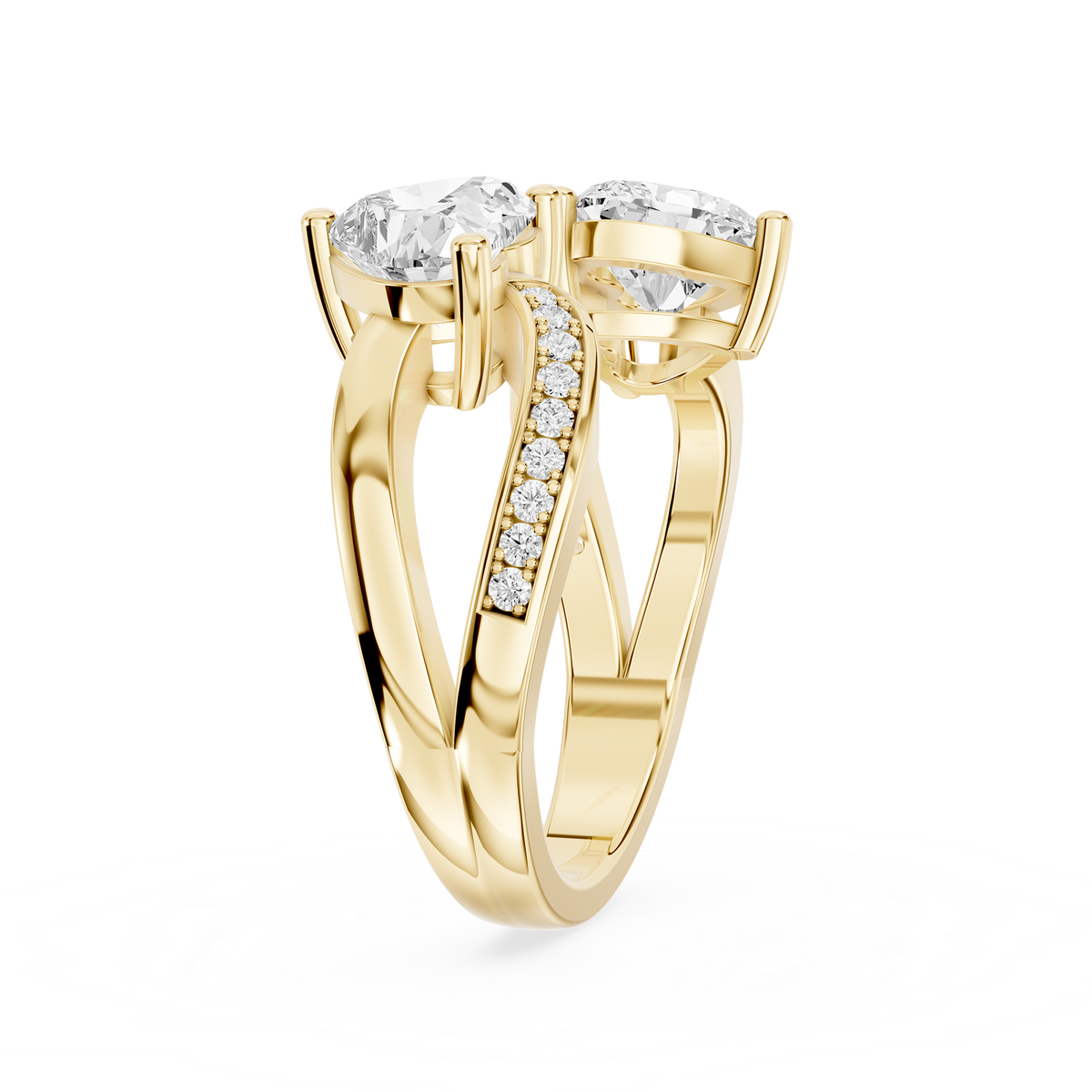 Double heart diamond ring in yellow gold showcasing an asymmetrical two stone setting with curved diamond accented shoulders mvp:YG:02