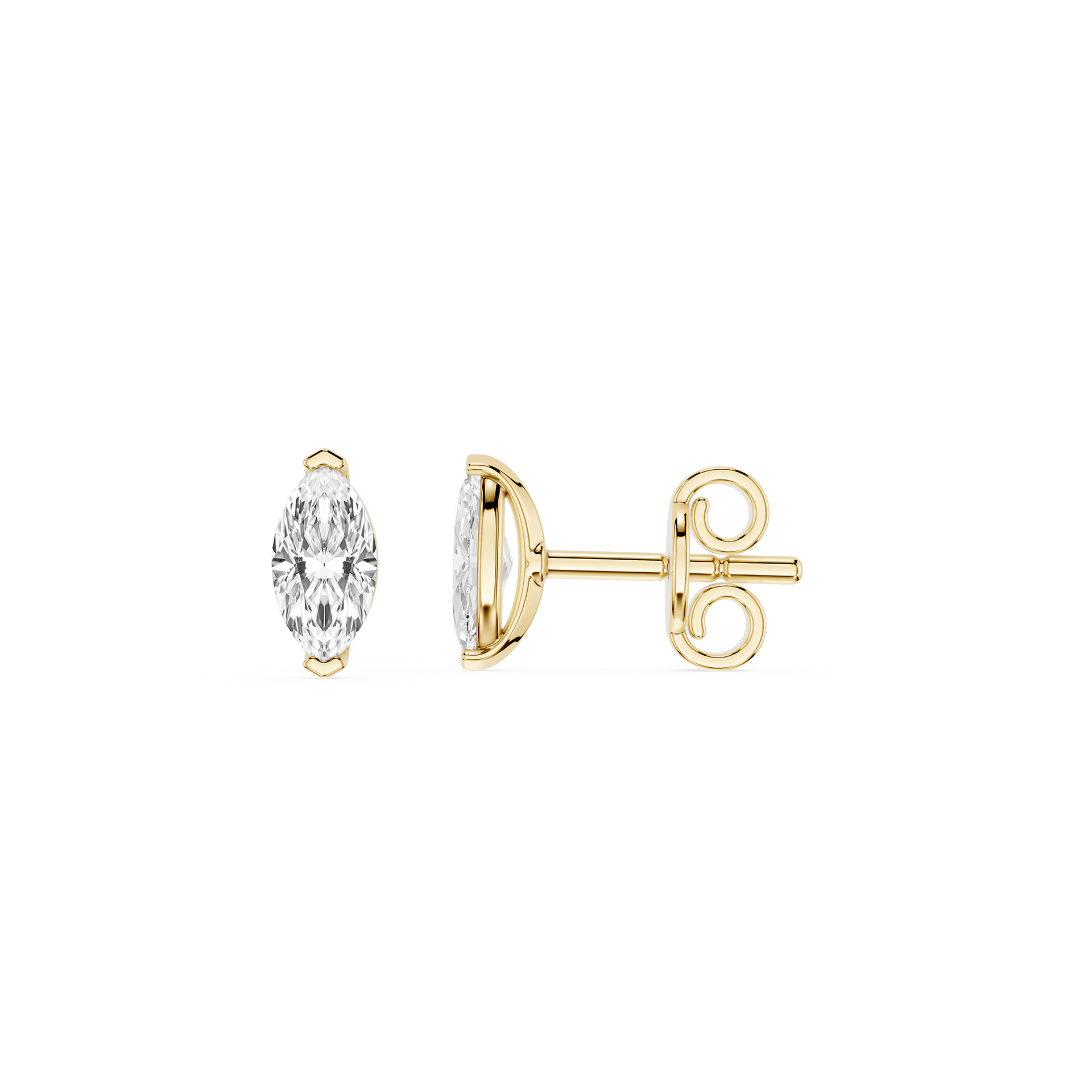 Gold earrings with clear gemstones on a white background