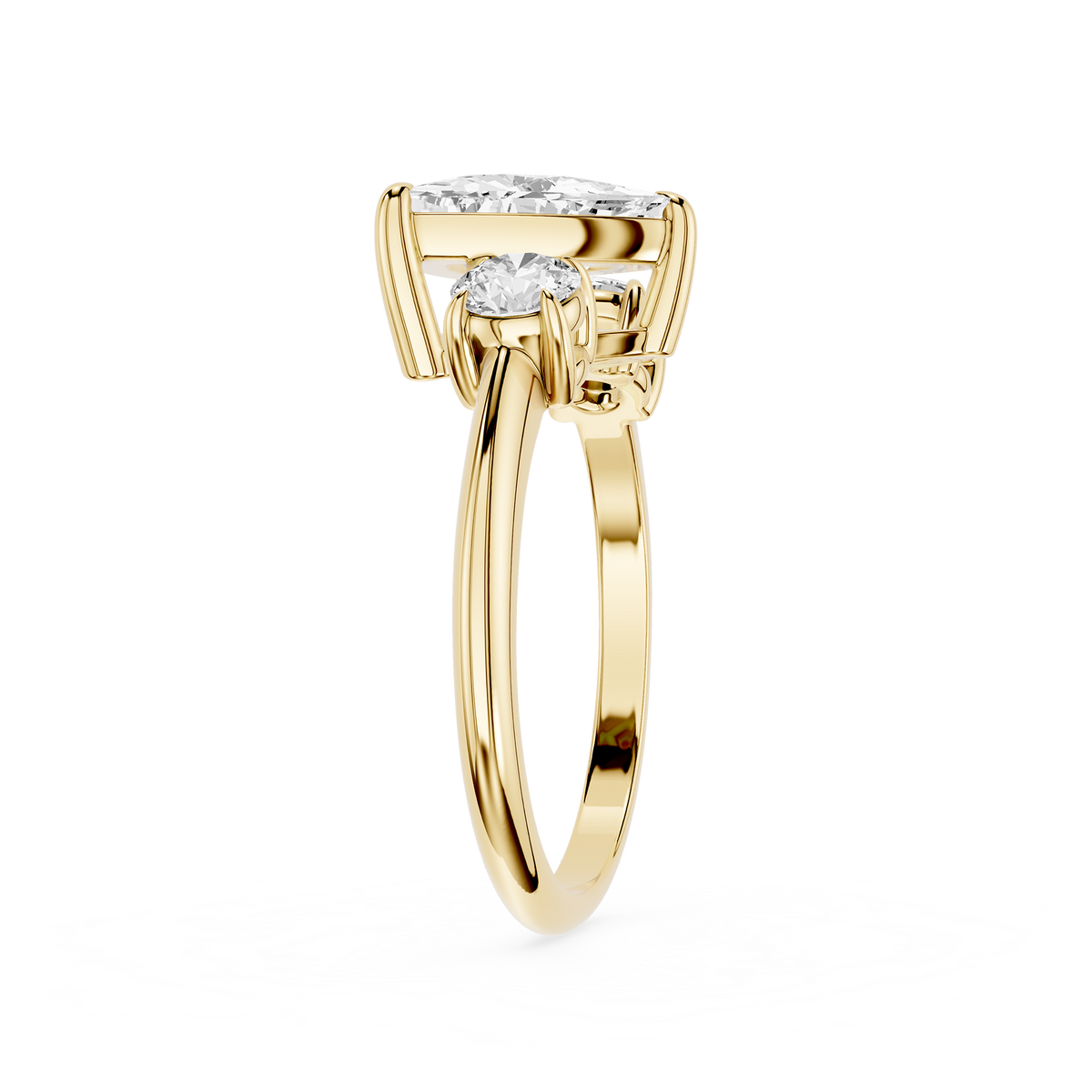 Side View Of Yellow Gold 2 Carat Trillion Cut Lab Diamond Three Stone Engagement Ring