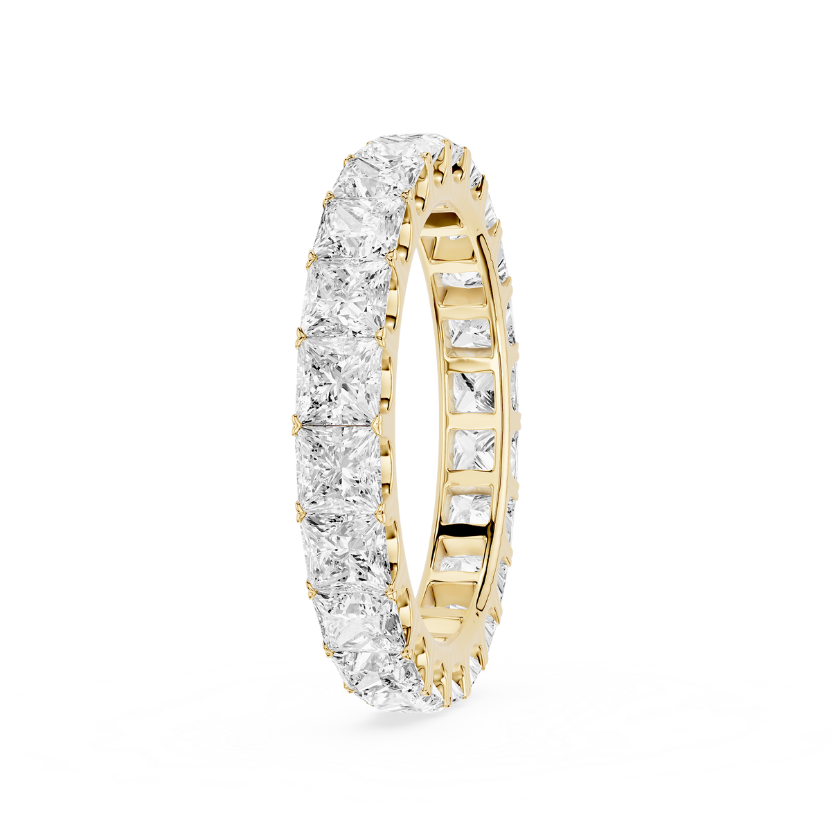 A yellow gold 3 Carat Princess Cut Lab Grown Diamond Eternity Wedding Band