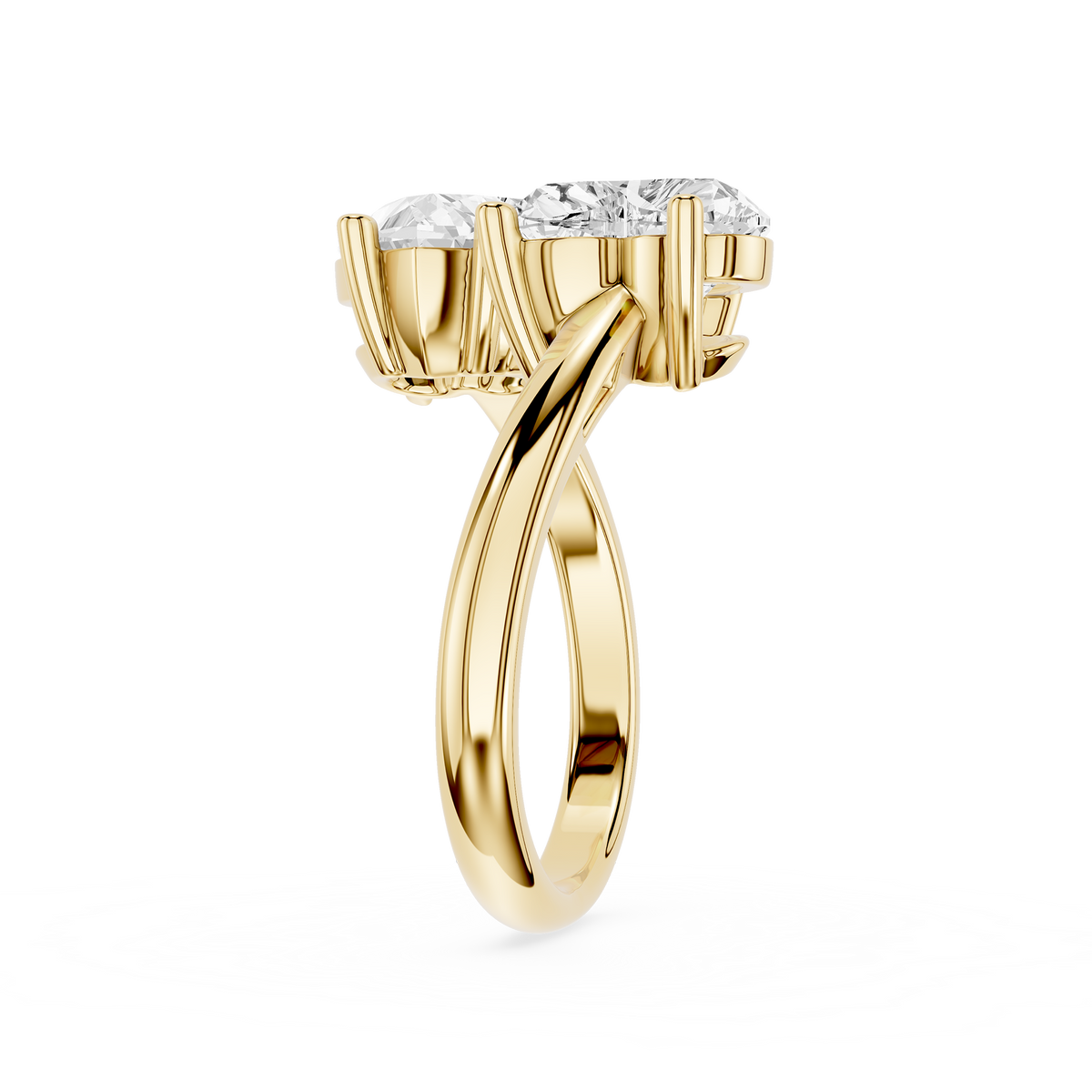 Yellow Gold Heart Diamond Crossover Ring featuring Two Heart Shaped Lab Created Diamonds. Modern Engagement Ring, Wedding Jewelry, Fine Diamond Ring, Anniversary Gift.