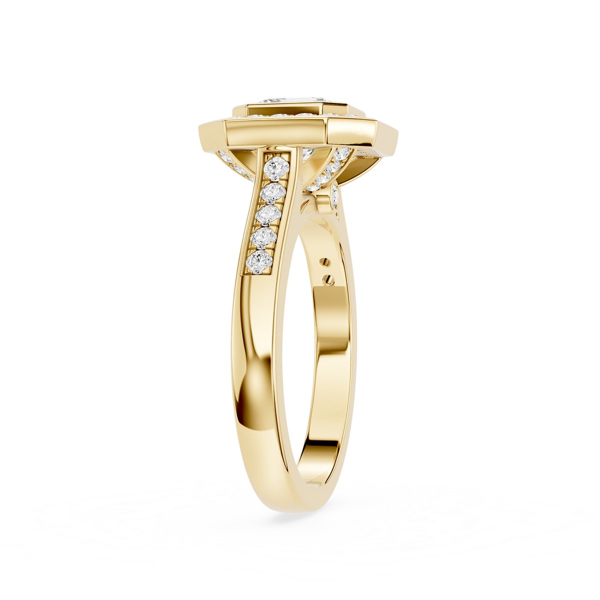 Side View Of Yellow Gold Art Deco Emerald Cut Lab Diamond Double Halo Engagement Ring
