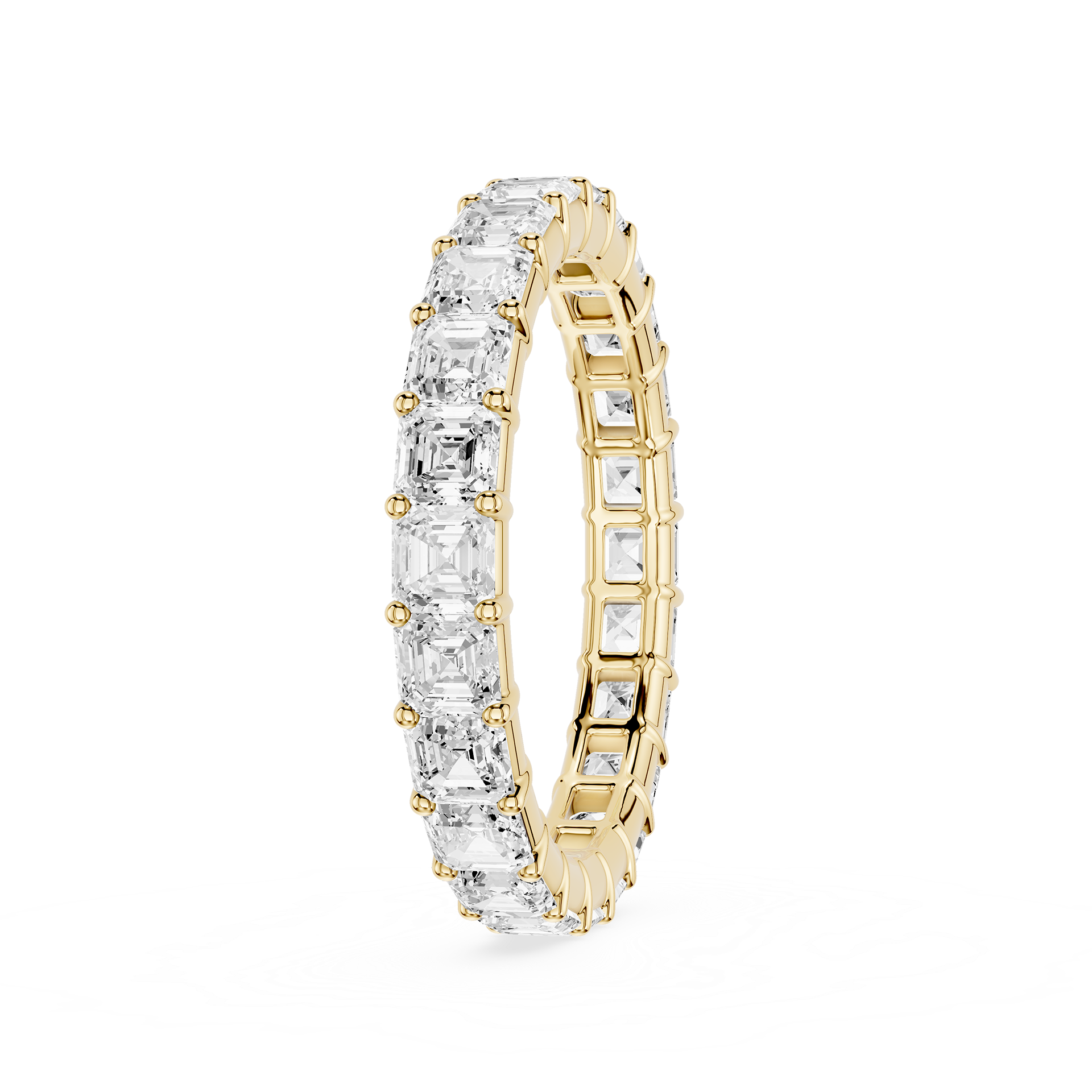 A rose gold eternity ring featuring a continuous row of clear baguette-cut gemstones, shown on a clean white background.