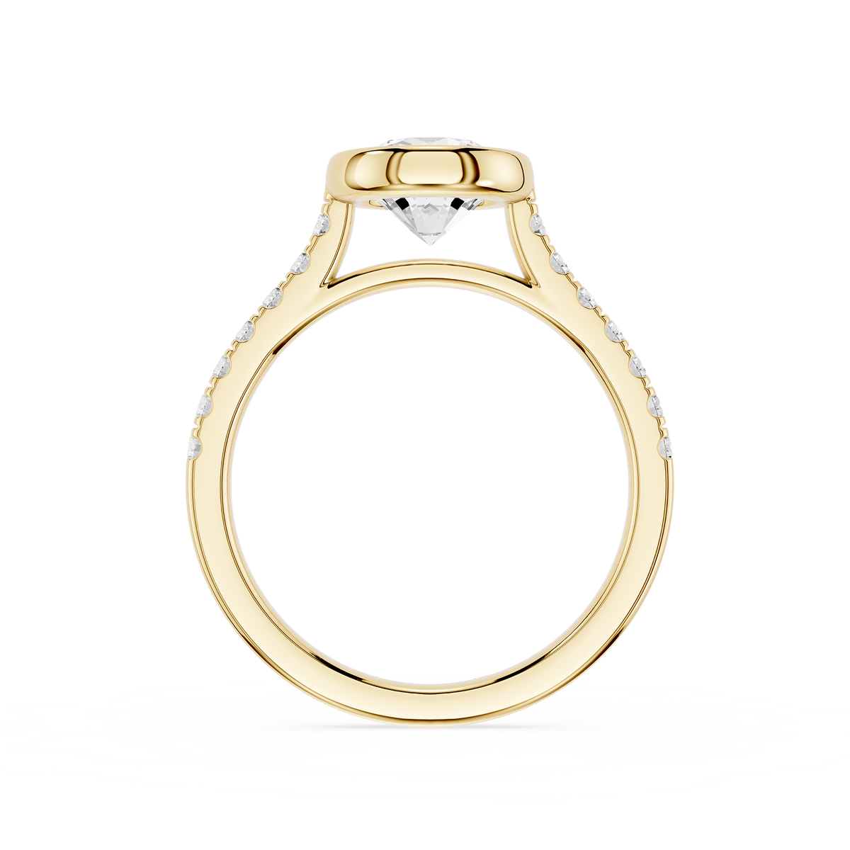 Round Brilliant Lab Grown Diamond Ring with Bezel Setting and Diamond Shank in Yellow Gold, Wedding Ring, Anniversary Jewelry