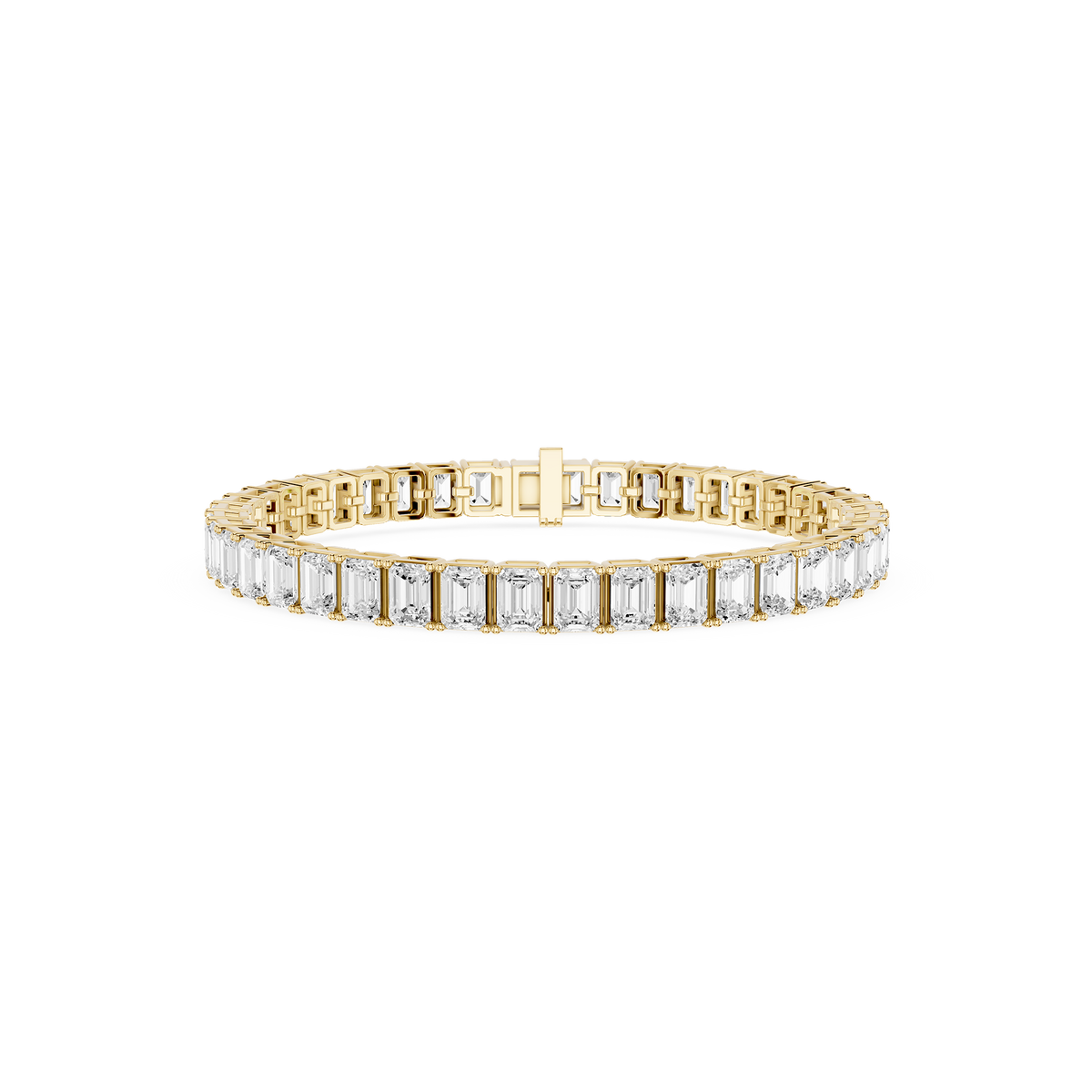Gold bracelet with clear gemstones on a white background