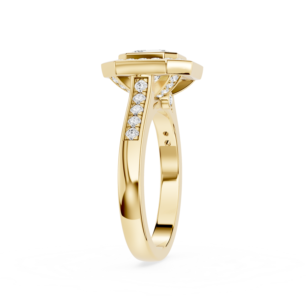 Gold ring with diamond accents on a white background