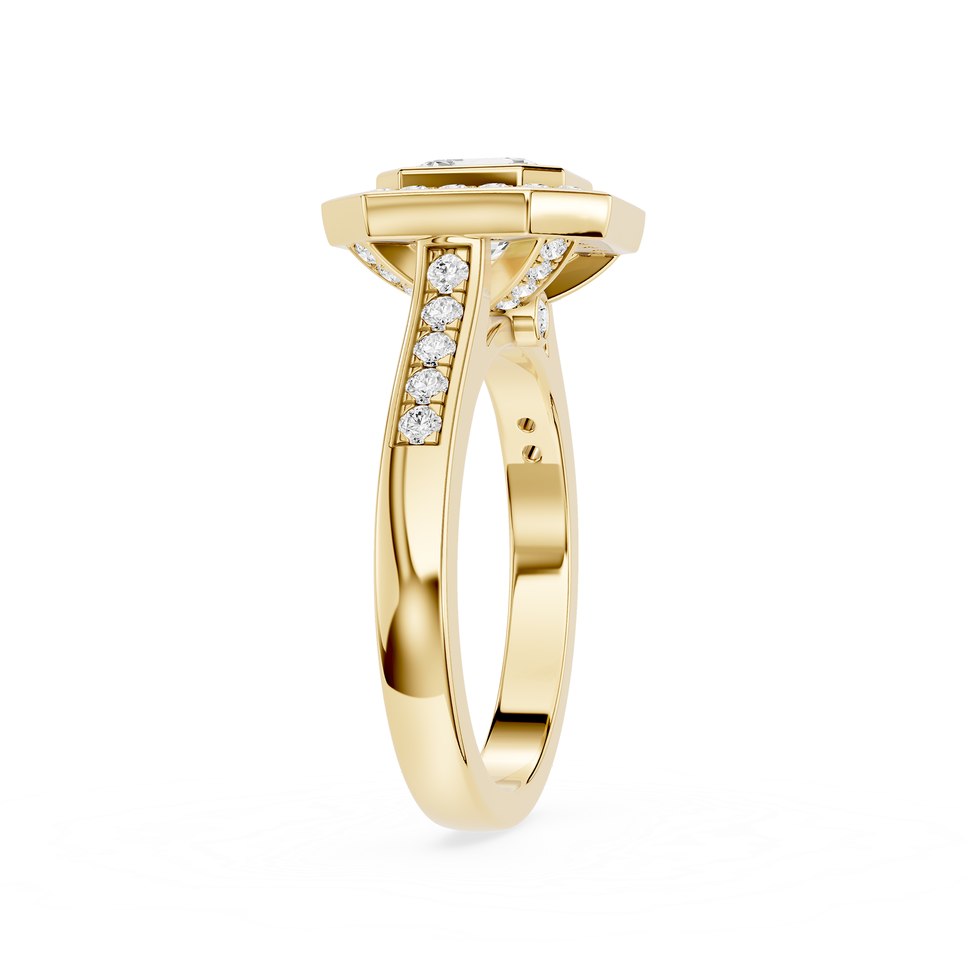 Gold ring with diamond accents on a white background