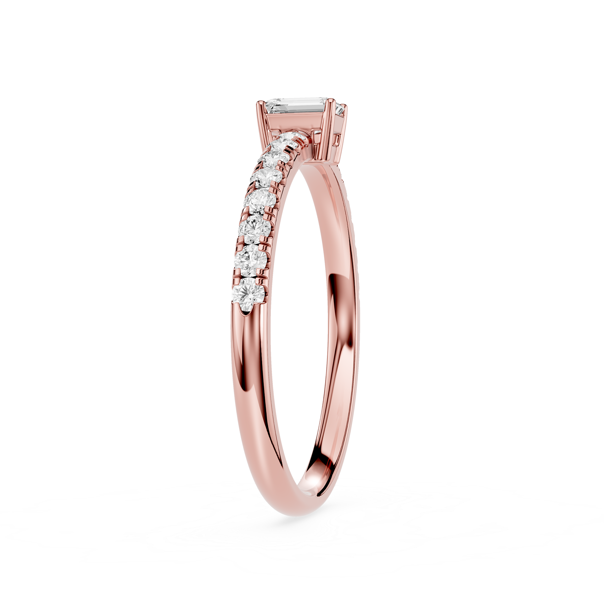 Rose gold ring with diamonds on a white background