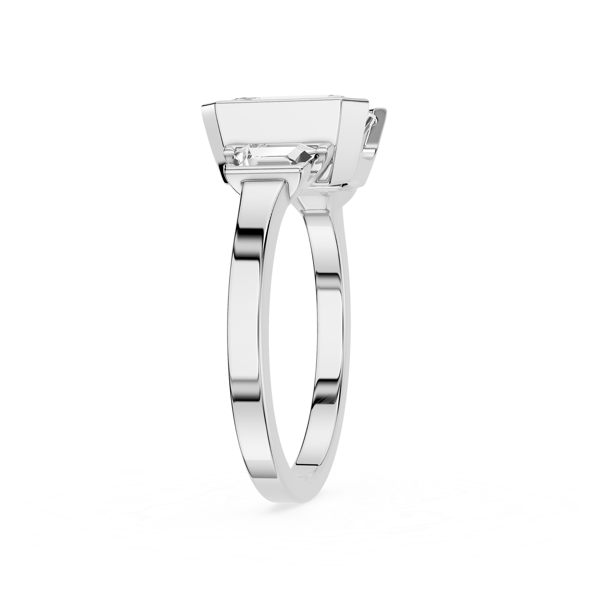 Silver ring with a rectangular gemstone on a white background