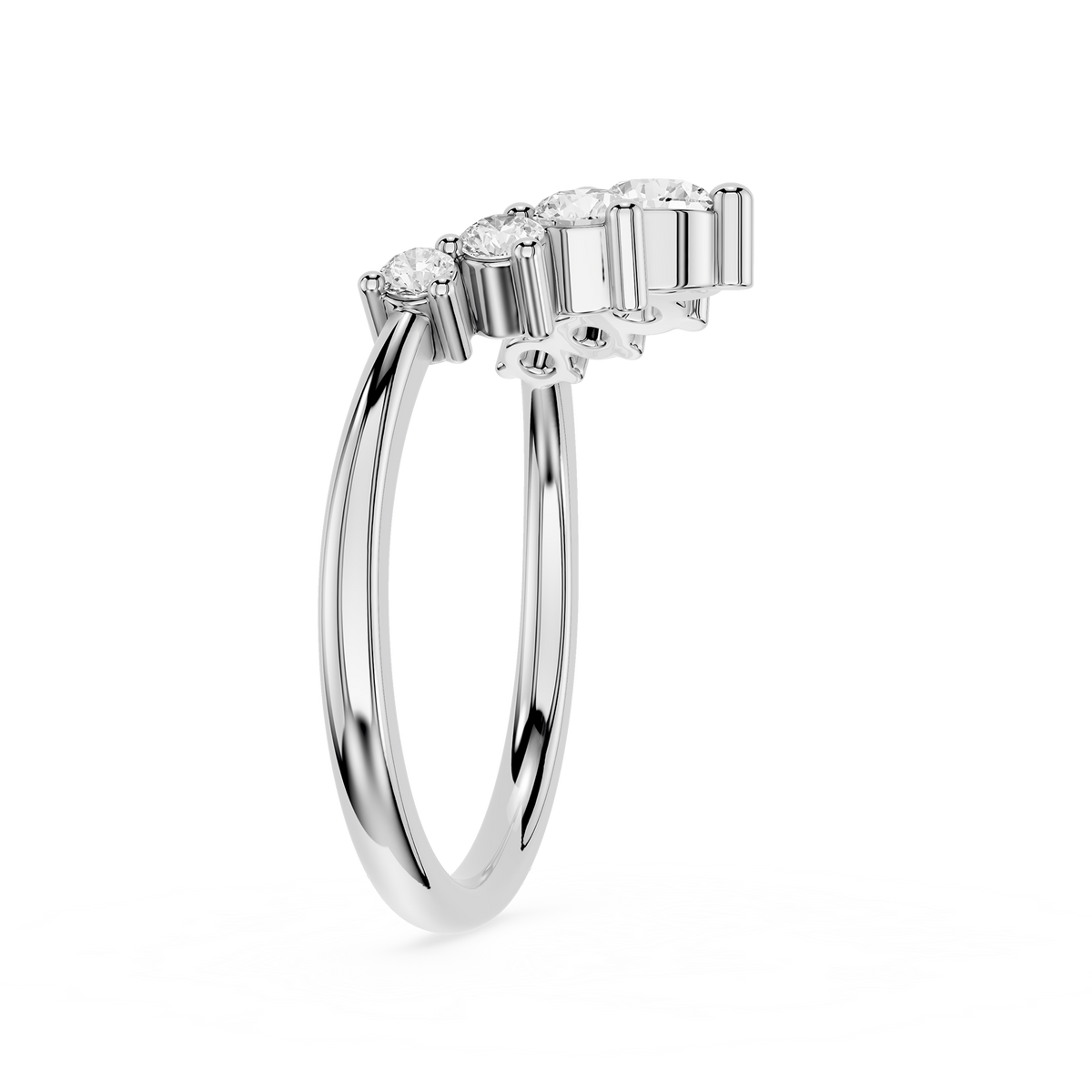 Side View Of White Gold Graduated Round Cut Lab Diamond Curved Wedding Band