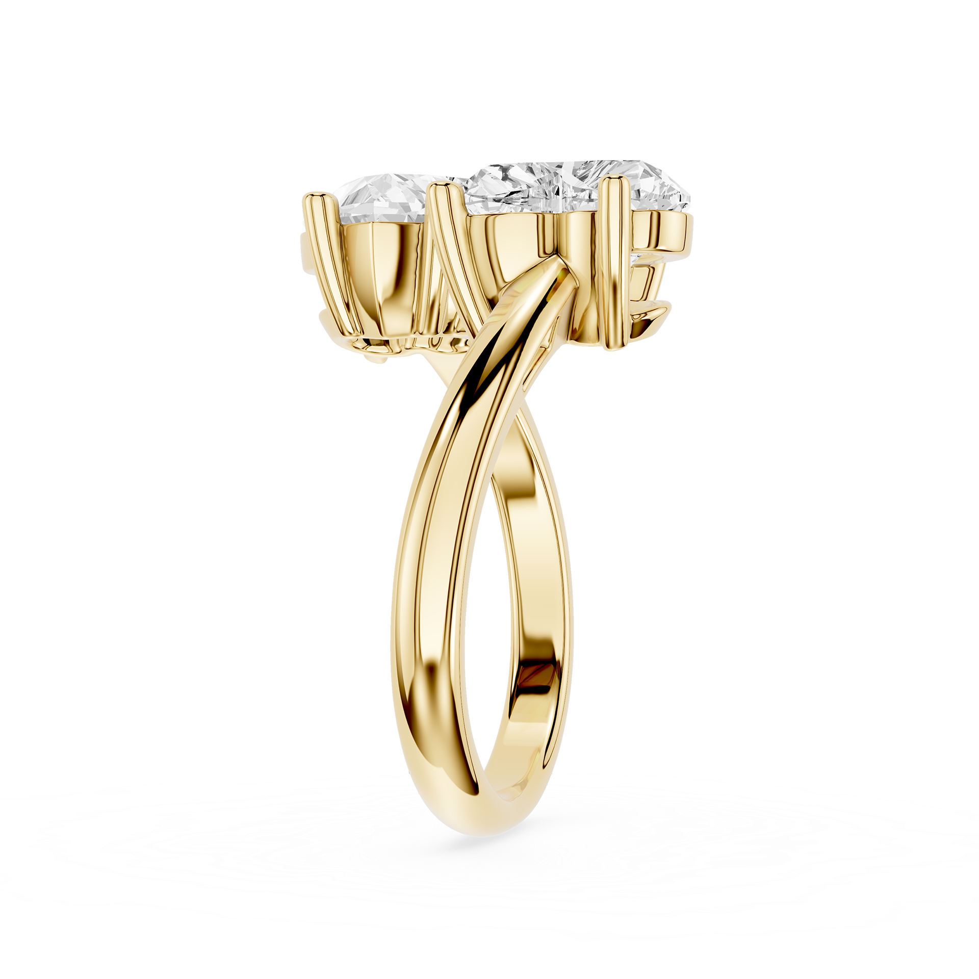Yellow gold ring with two diamonds on a white background