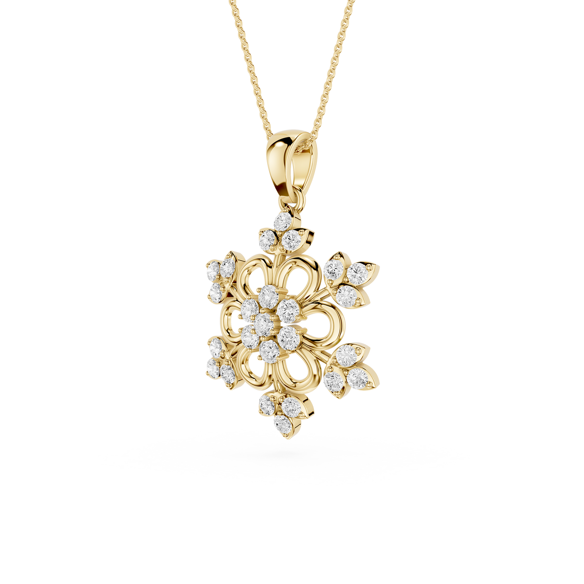 Gold necklace with a diamond pendant on a white background
