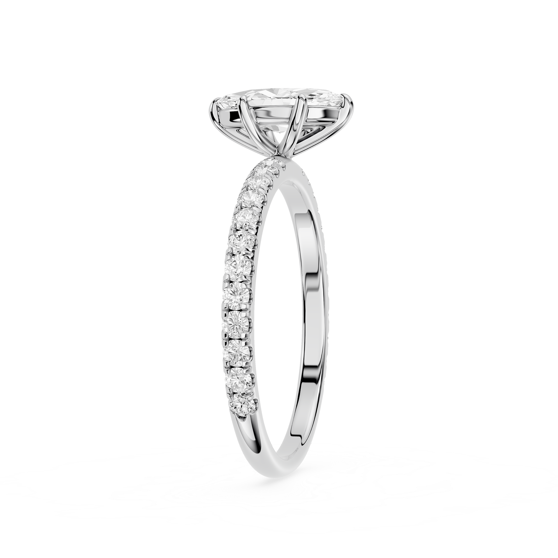 Diamond ring with a central stone and smaller stones on the band against a white background