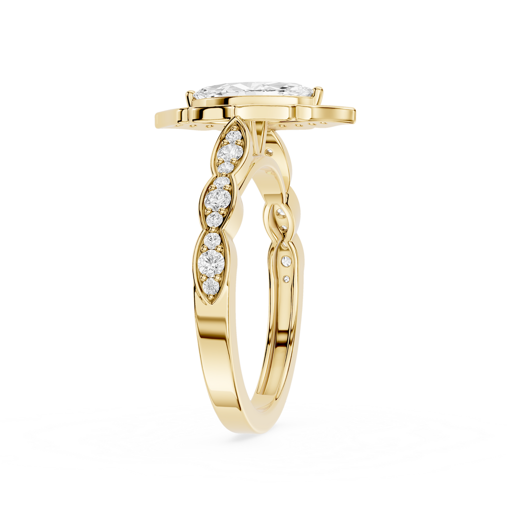 Gold ring with diamond accents on a white background